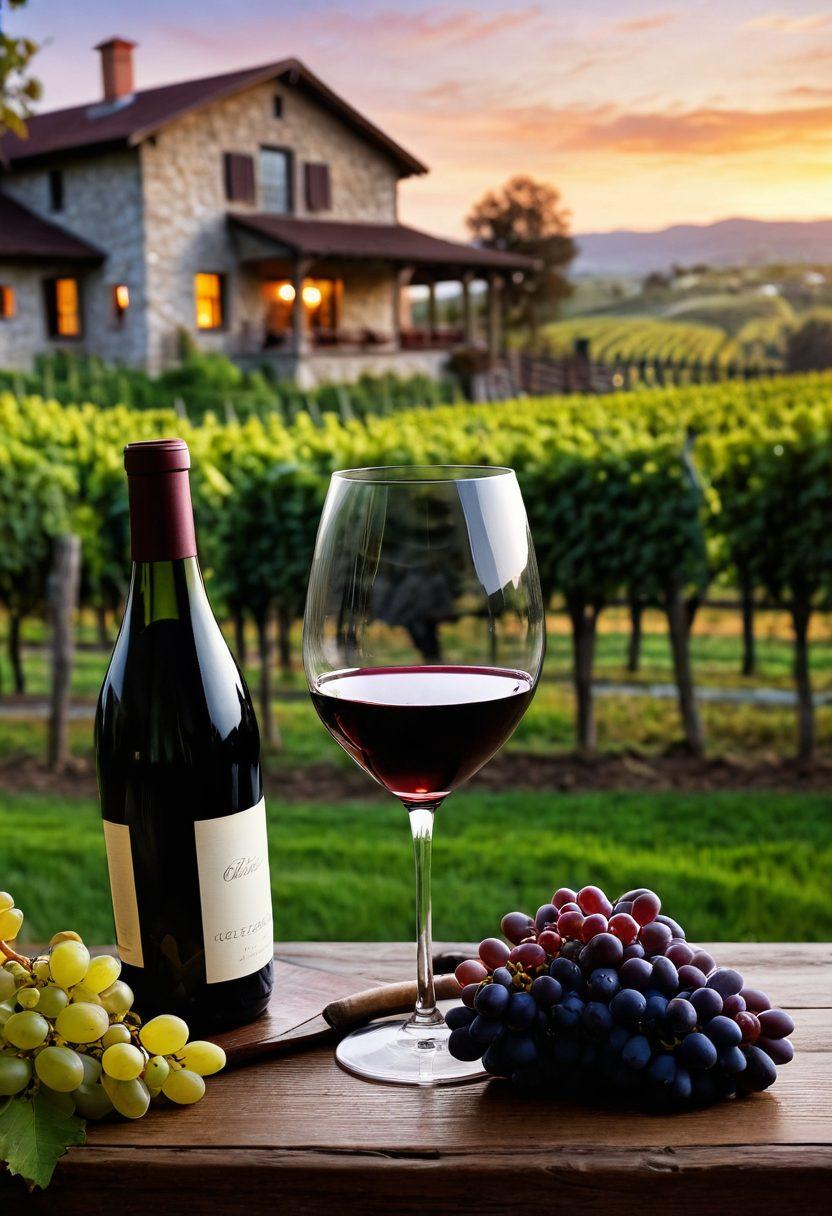 A beautifully arranged vineyard scene at sunset, showcasing ripe grape clusters on the vine leading to an elegant glass of vintage red wine, with reflections capturing the vineyard. Add hints of sommelier tools, like a corkscrew and tasting notes, in the foreground. Lush green hills and a rustic winery building in the background, giving an inviting feel to wine enthusiasts. super-realistic. vibrant colors. atmospheric lighting.