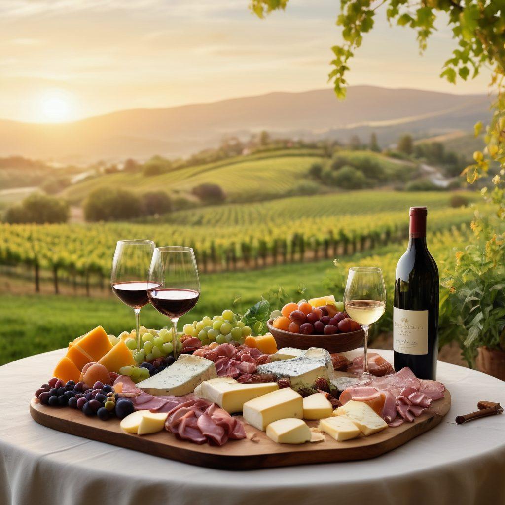 A beautifully arranged table set for a wine tasting event, featuring various wine bottles and elegantly designed glasses, surrounded by exquisite food pairings like cheese, fruits, and charcuterie. Soft candlelight and lush green plants add an inviting ambiance. The backdrop includes a scenic vineyard, with rolling hills bathed in golden sunset light. super-realistic. warm colors. elegant setting.