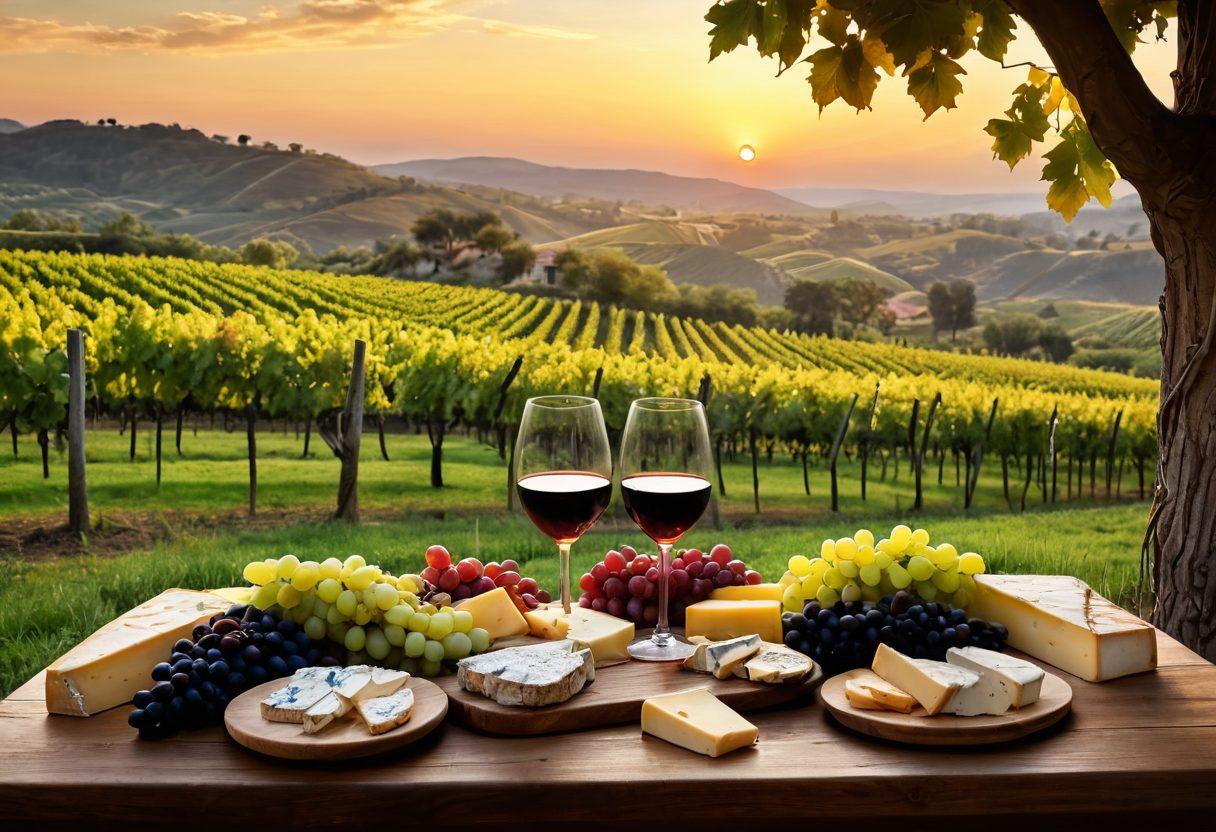 A luxurious vineyard landscape under a golden sunset, featuring rows of grapevines with ripe clusters, a rustic wooden table adorned with elegantly arranged wine glasses and assorted cheeses, while a knowledgeable sommelier explains wine pairings to a couple, evoking a sense of indulgence and discovery. vibrant colors. super-realistic.